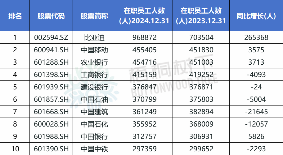 A股公司员工人数排名，比亚迪(📥)最多，96.89万人，最少仅18人